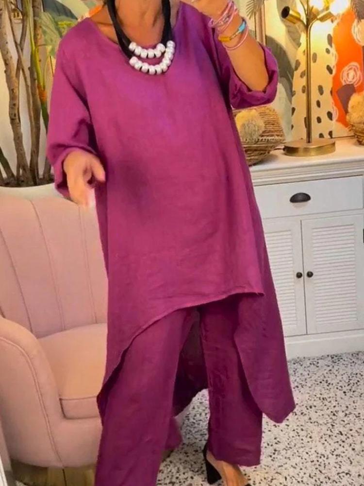 

Женский комплект из свободной блузки с асимметричным подолом и брюк широкого кроя в нескольких цветах 5XL фиолетовый