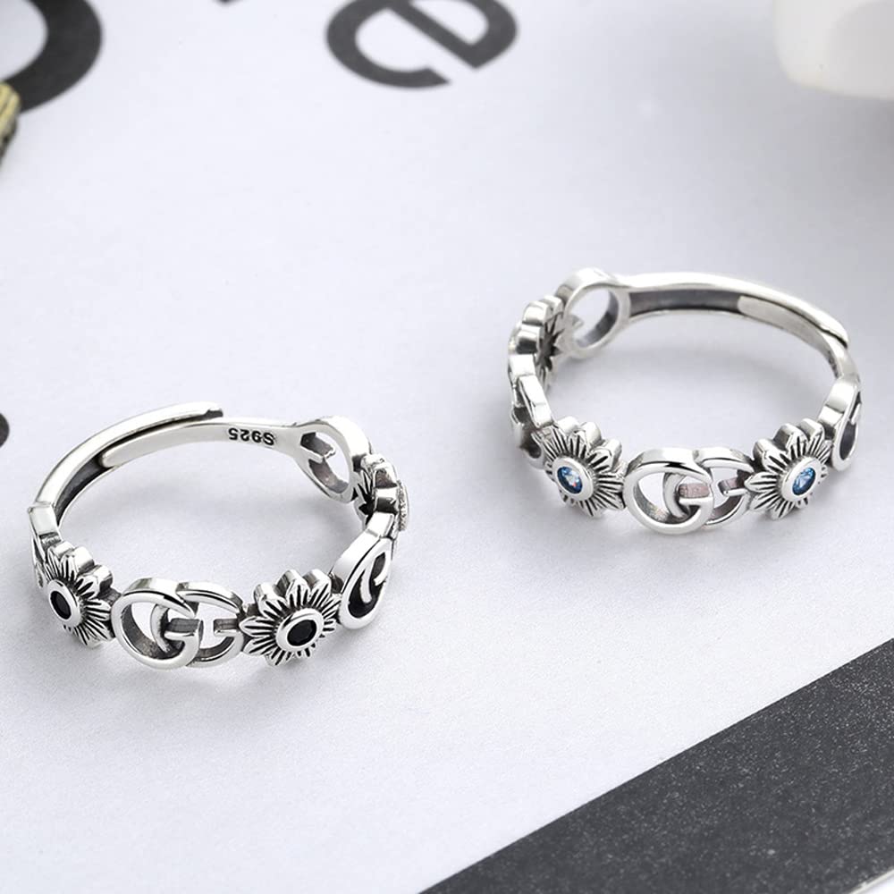Free Flower English Adjustable Amulet Pure Accessory [Rockyu] Women's Ring, Size, Stylish, Blue, Zirconia, Ring, G, Openwork, Size, Ring, Silver,