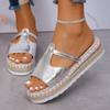 Große Größe Hanfseilboden Muffin dicksohlige Damen coole Hausschuhe 2025 Sommer neue Schnalle Ein-Wort Keilabsatz Fischmaul Sandalen