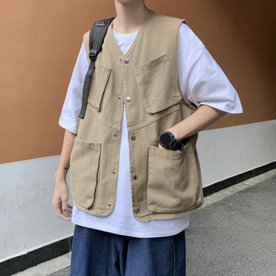 Męska kamizelka cargo bez rękawów jednorzędowa kieszenie projekt sportowy jednolity kolor wielokolorowa kamizelka outdoorowa odzież uliczna