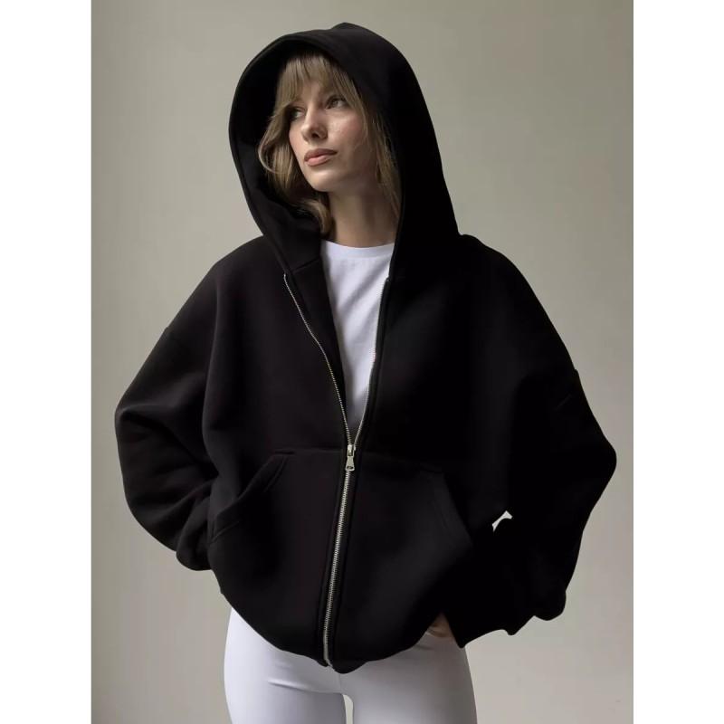 Womens Solid Color Long Sleeve Zip Up Hooded Sweatshirt Loose Fit Casual Streetwear