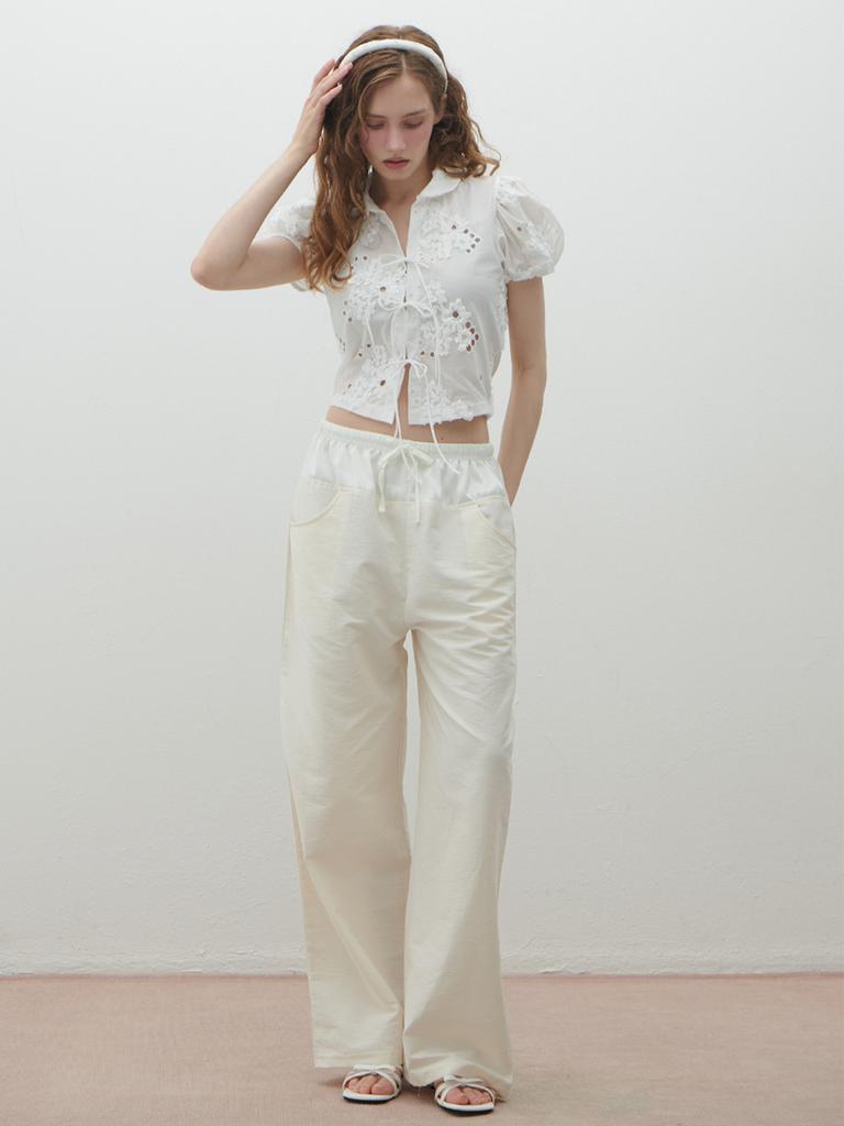 HHIPS Silk Color Block Nylon Wide Pants (Ivory)