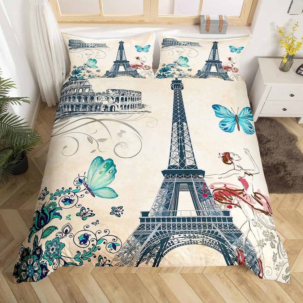 Eiffel Tower Bedding Set Twin Queen Pink Cherry Blossom Duvet Cover Romantic Theme Butterfly Print Comforter Cover for Girl Boys