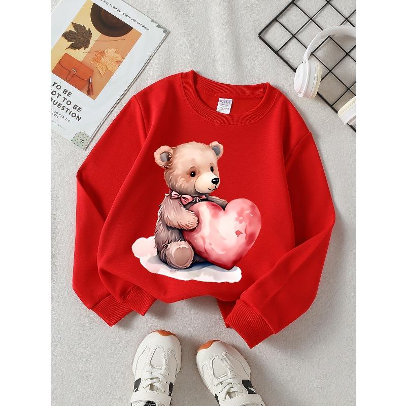 Girls' Crewneck Sweatshirt Cute Bear Holding Pink Heart Machine Washable, Spring And Autumn, Sportswear And Casual Wear