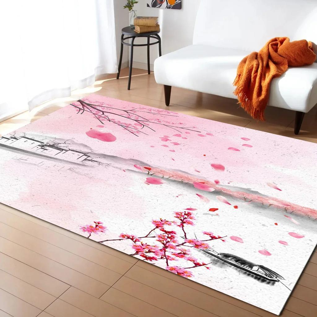 Pink Cherry Blossom Rug Romantic Floral Spring Carpet Non Slip Floor Mat for Girl's Bedroom, Bedside Living Room