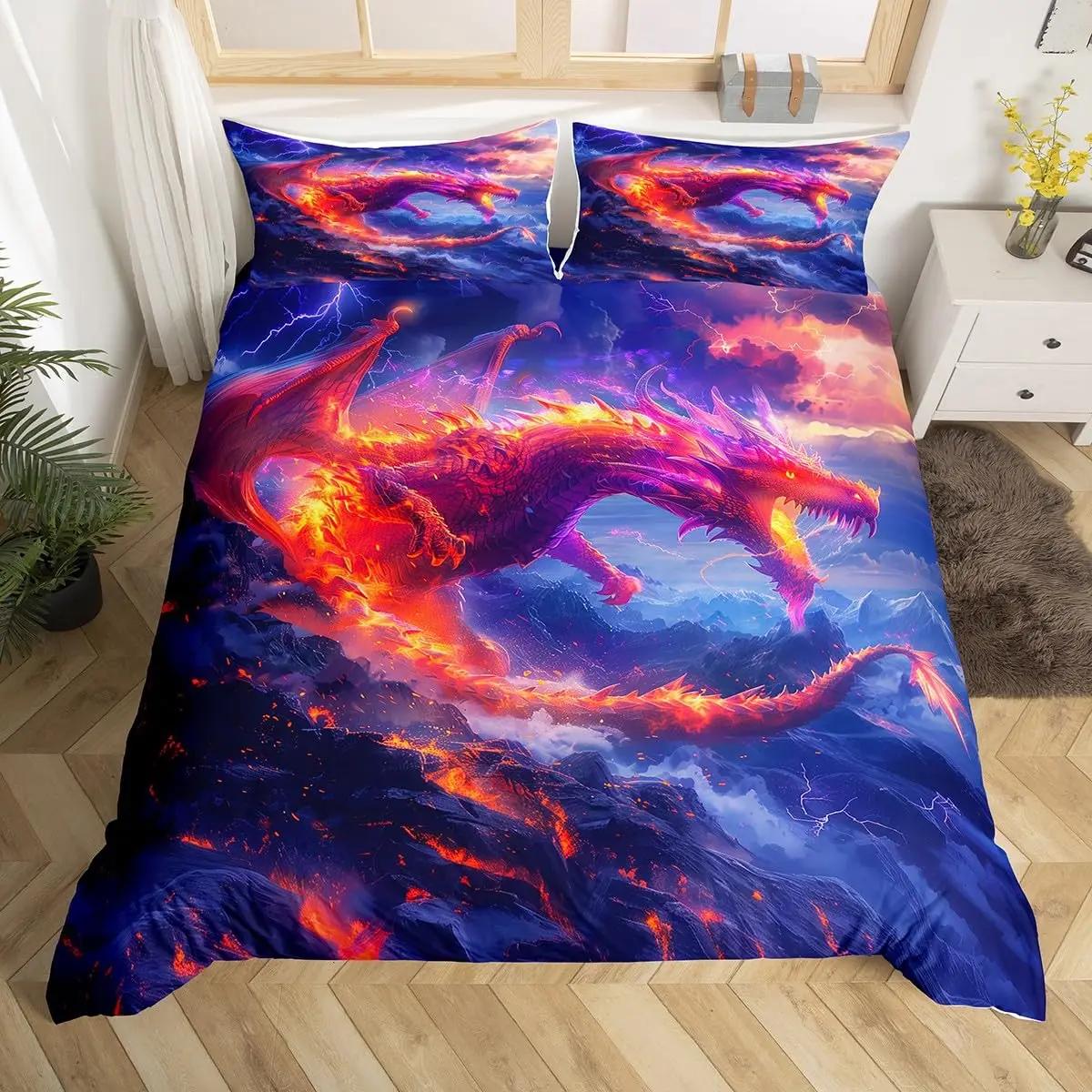 

Fire Dragon Duvet Covers for Kids Teens Queen King Size Lightweight Quilt Covers Mythical Animals Pattern Bedding Set Room Decor EU Twin(135x200cm)