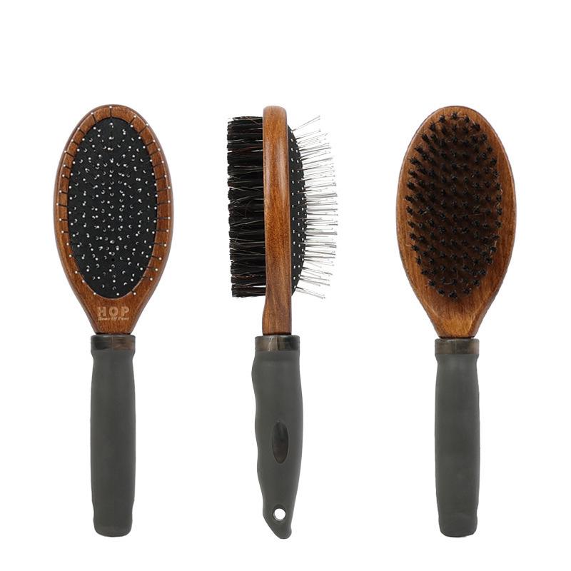 Double-Sided Pet Brush: Antique Boar Bristle & Steel Pin Comb for Dogs.