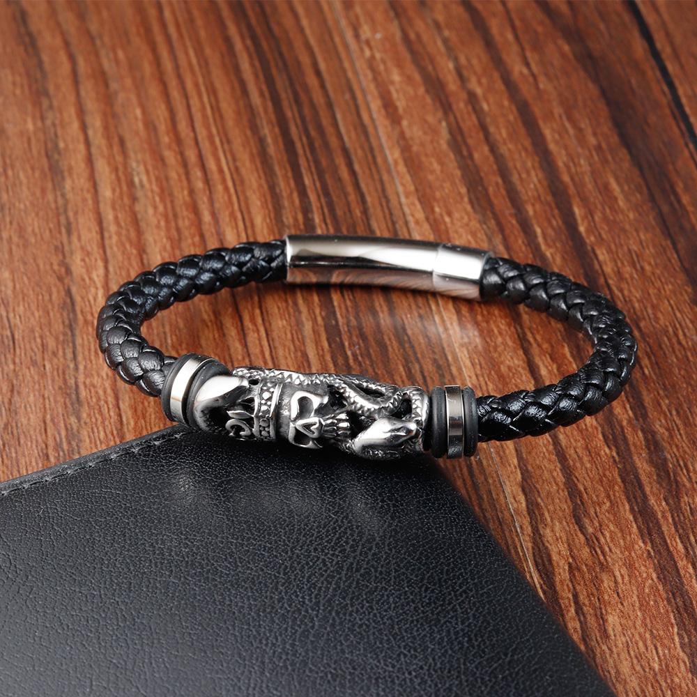 

Leather Bracelet Skull Stainless Steel Braided Wrap Leather Bangles for Male Bracelet Simple Jewelry Gift 21cm