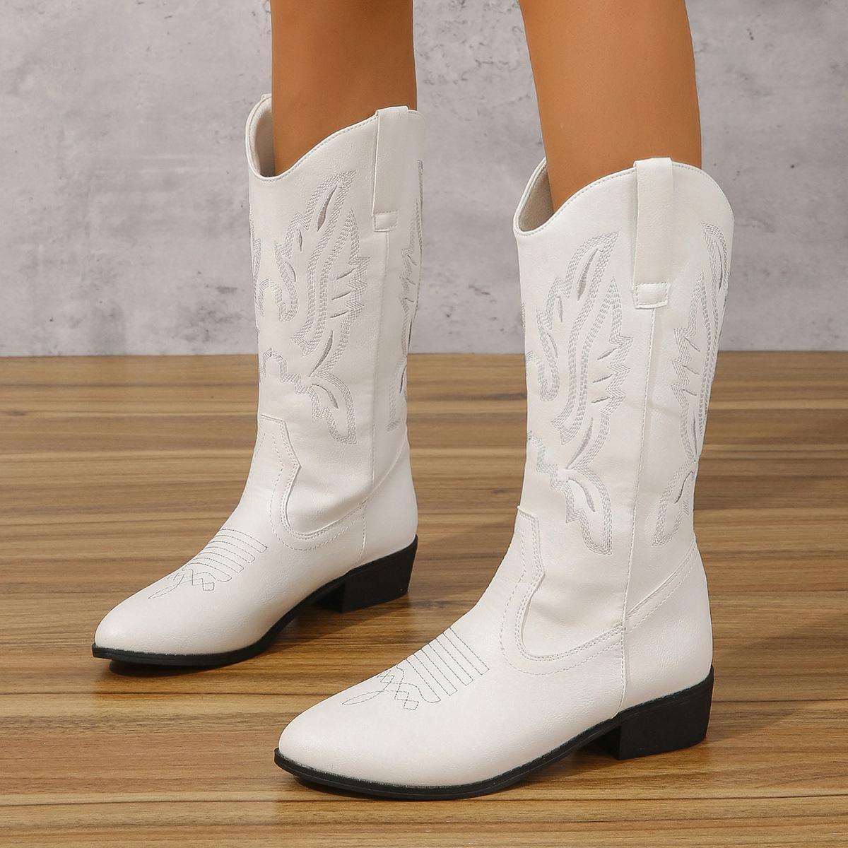 

2025 осень и зима новые вышитые ботинки Martin на толстом каблуке среднего размера в европейском и американском стиле, рыцарские сапоги, ковбойские сапоги в стиле вестерн 36 белый