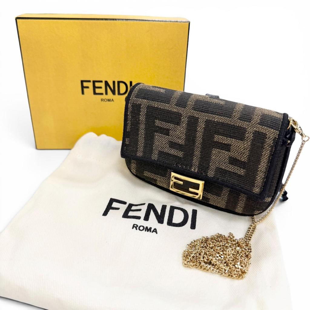 Great FENDI Nano bucket FF Logo Metal Zucca Pattern 2-Way Chain Shoulder Pouch Used