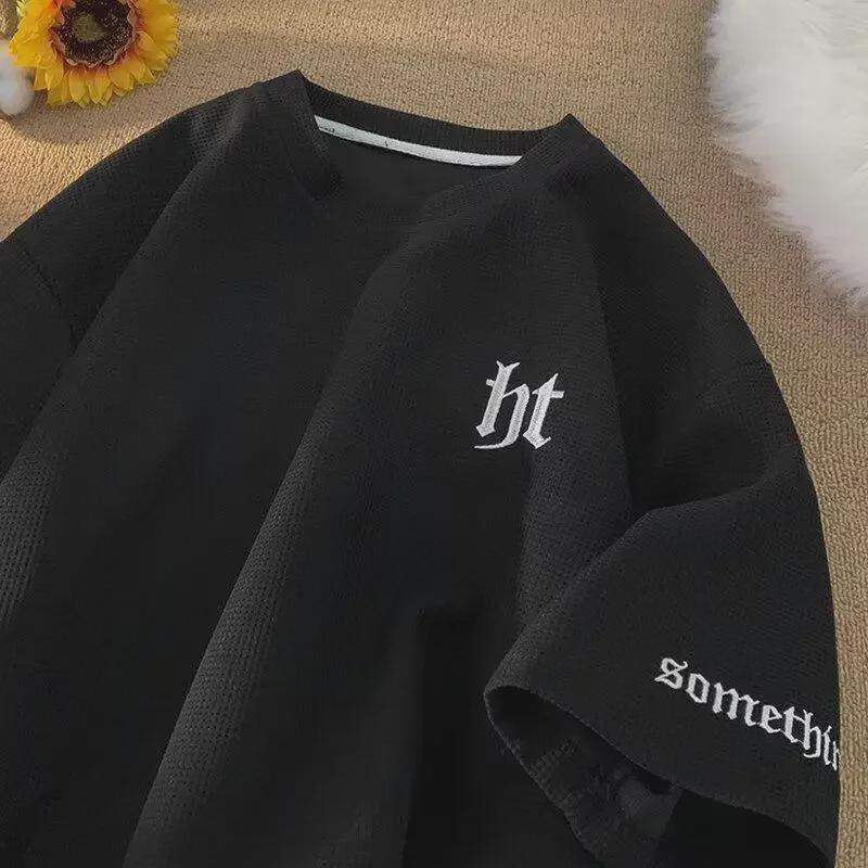 Men's Short-Sleeved Heavyweight Waffle T-Shirt - Trendy, Versatile, Casual, with Embroidered Design