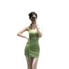 French Polka Dot Streamer Neck Dress Women's Summer Temperament Green Skirt Waist Hip Skirt Vacation Skirt