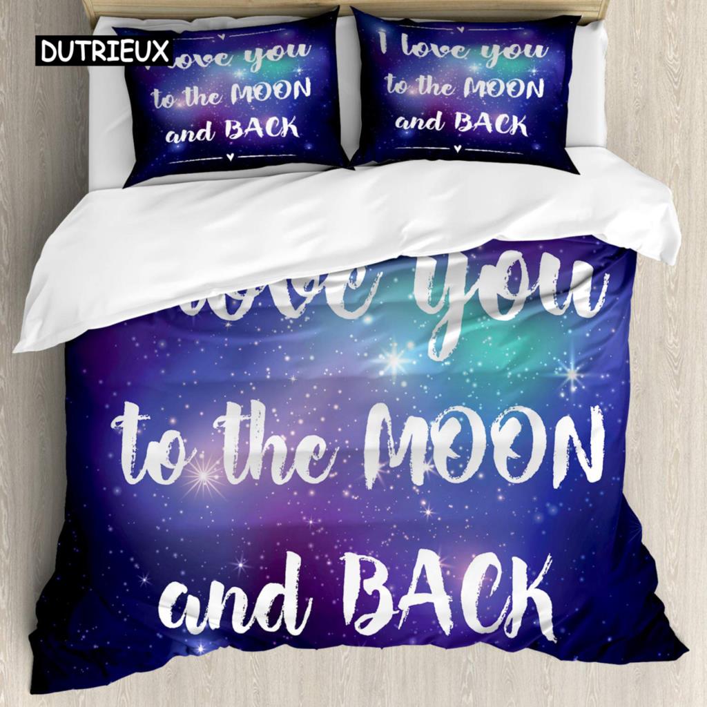 I Love You Duvet Cover Hand Drawn I Love You To The Moon and Back Words with Stars Celebration King Size Polyester Bedding Set