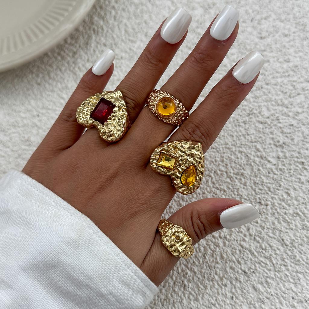 4 Peças/Conjunto Anel de Dedo Geométrico Cor Dourada Vintage Coração Anéis Ajustáveis Irregulares Abertos Plissados Tendência Joias para Mulheres Presentes de Joias Acessórios