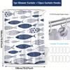 Nautical Fish Curtain Set - 12 Hooks, Polyester, Waterproof, Machine Washable, White & Blue