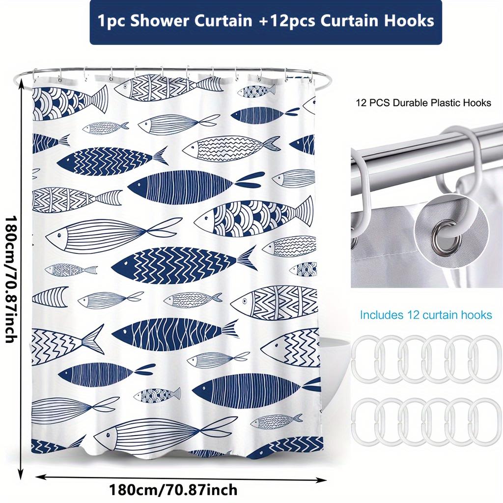 Nautical Fish Curtain Set - 12 Hooks, Polyester, Waterproof, Machine Washable, White & Blue