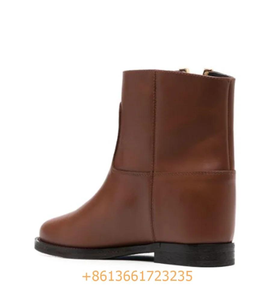 Fashion Real Leather Metal V Buckle Woman Boots 2025 Winter New Solid Designer Catwalk Ankle Boots Black/brown Round Toe Fashion Shoes