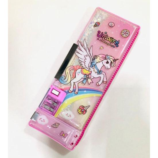 RSINC Double Compartment Glitter Star Flowing Pencil Box, Magnetic Pencil Box | Button Enabled Storages and Sharpener for Kids Unicor Plastic Pink | V