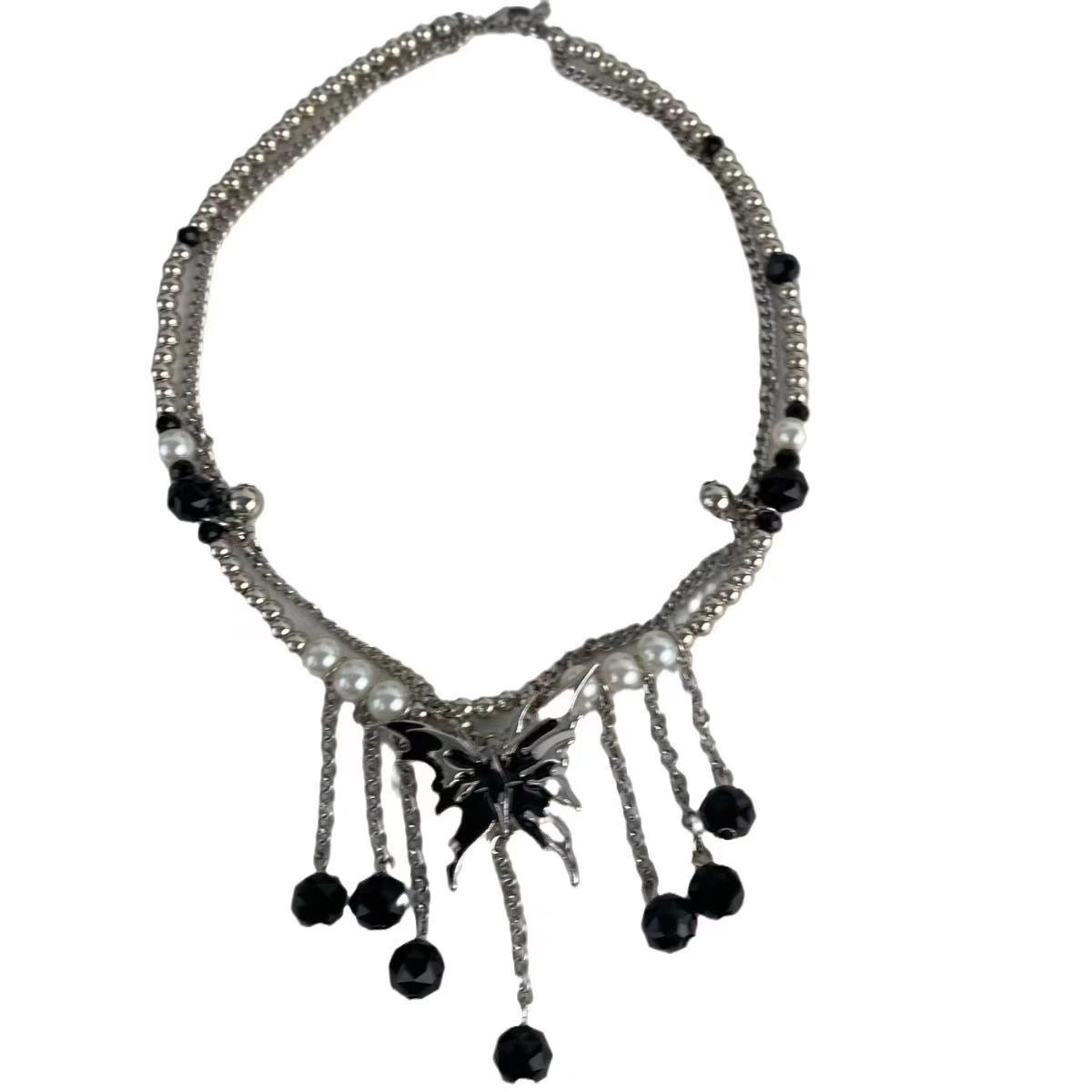 Black Butterfly Tassel Necklace Sweet Cool Hottie Collarbone Chain Punk Hip Hop Necklace Accessories