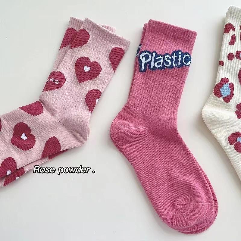 Female Spring and Autumn Trend Contracted Love Letter Lovely Flower Pink Tube Socks