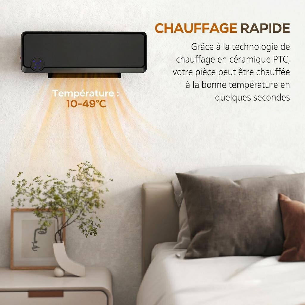Wall-Mounted Fan Heater, Oscillating 2000 W, PTC Ceramic, 3 Power Levels, 56 x 11.7 x 18.5 cm, Black