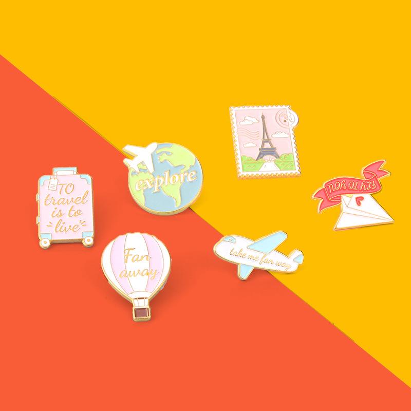 Cartoon Plane Earth Air Balloon Enamel Pin Brooch Cartoon Women Men Denim Jackets Lapel Pins Backpack Badges Kids Fashion Je