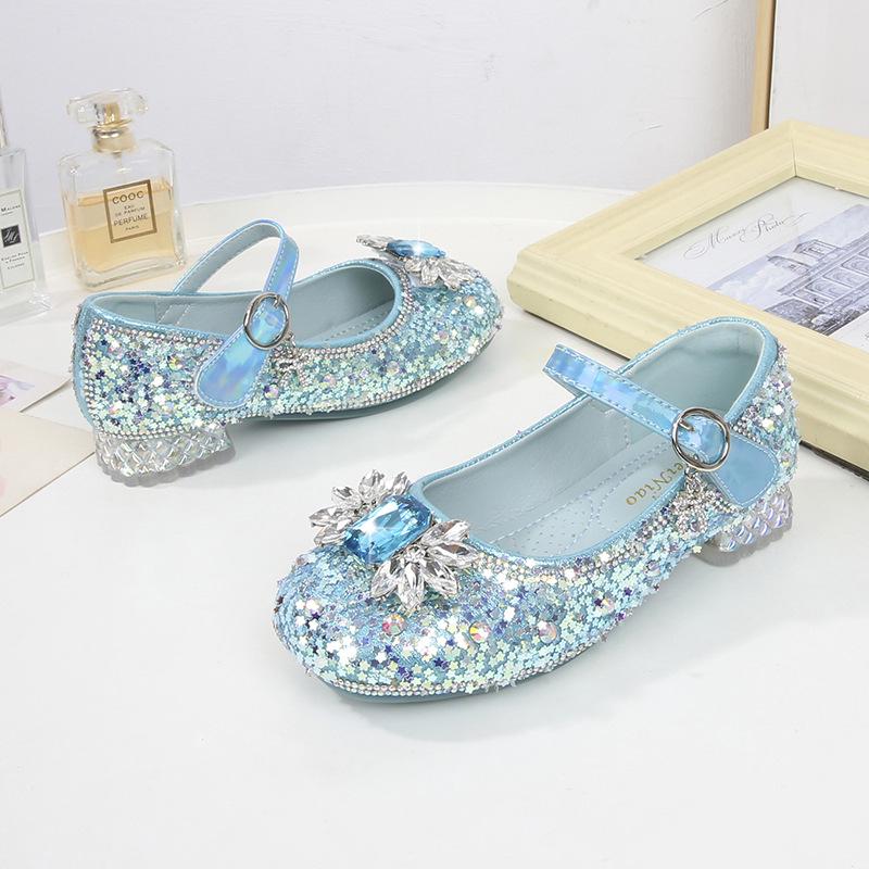 2024 New Autumn Crystal Princess Sequin High-Heel Leather Shoes for Girls