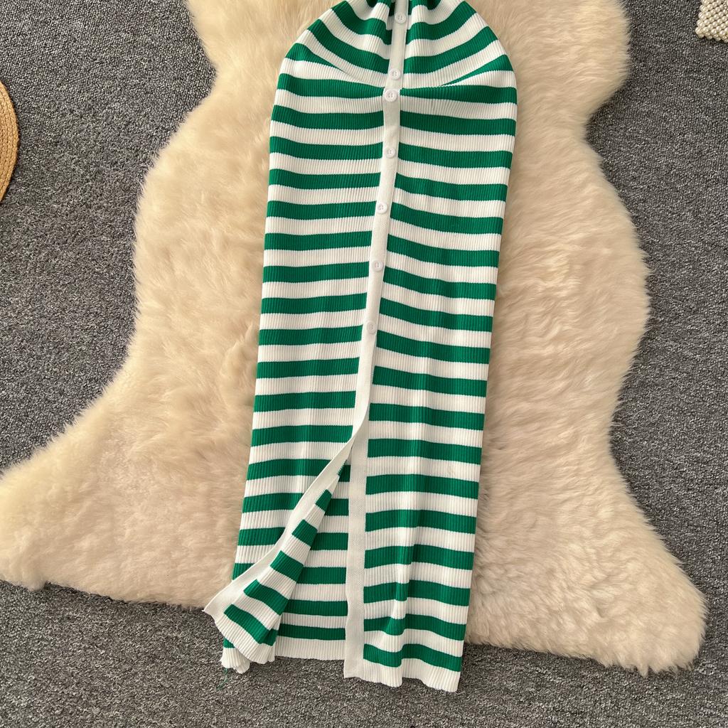 Summer Women Casual V-neck Striped Knitted Sweater Long Maxi Split Slim Bodycon Sheath Dresses