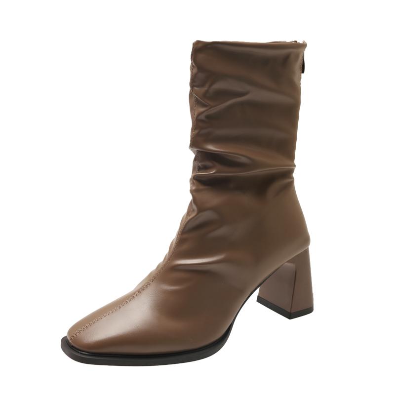 

French Side Pull High top heeled Booties Women Autumn and Winter New Temperament Elegant Pleated Naked 36