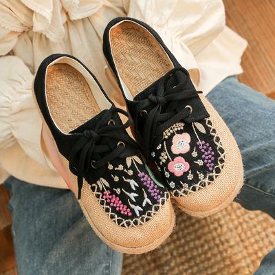 Retro Ethnic Style Women's Single Shoes Embroidered Shoes Flat Heel Strap Spring and Summer Round Head Cotton and Linen Casual Shoes