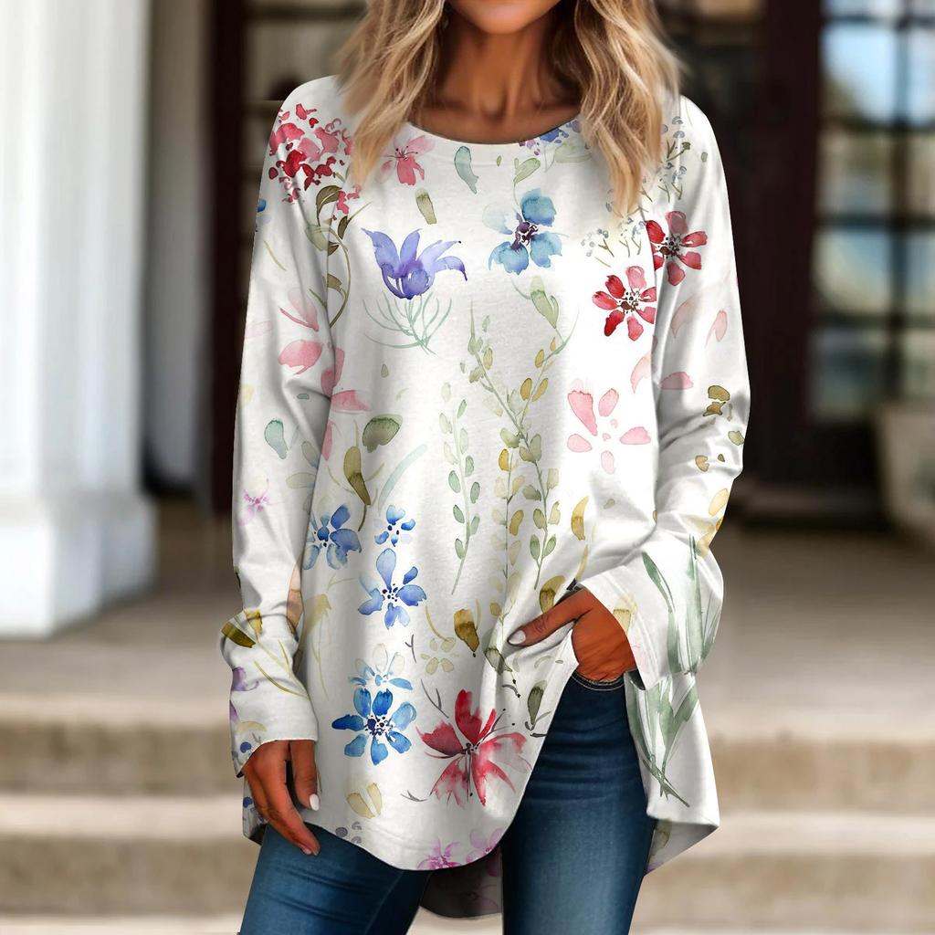 Dámské ležérní nadměrné tričko s dlouhým rukávem, kulatým výstřihem a retro potiskem