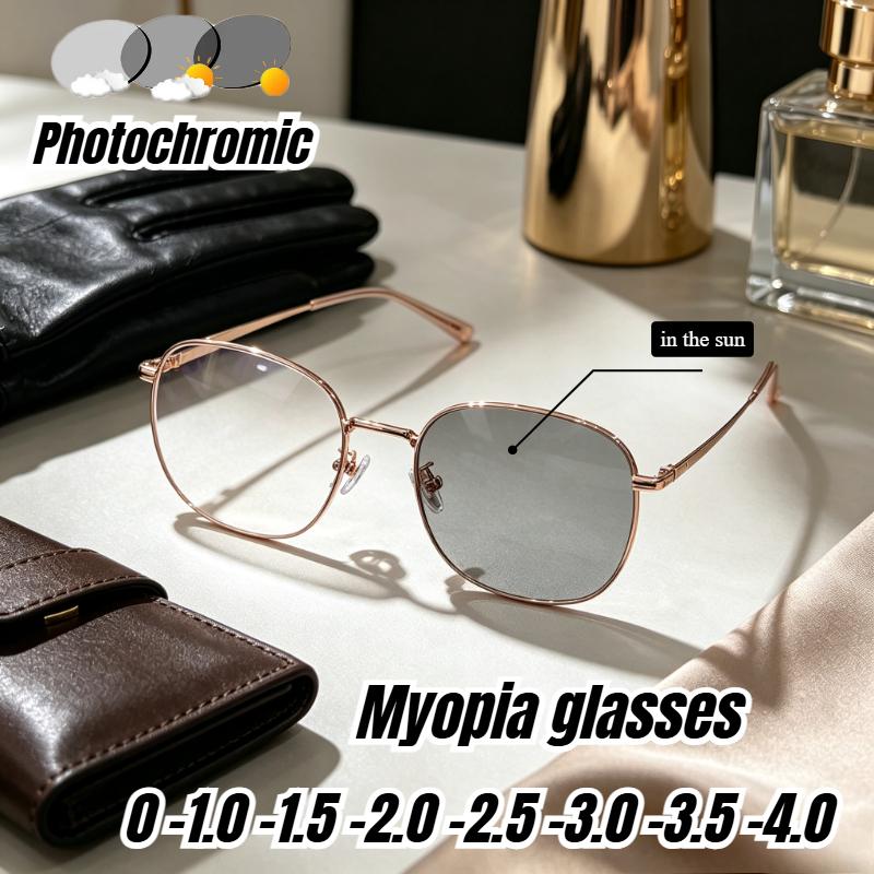 Neutral Photochromic Myopia Glasses with Polygonal Metal Frame Lightweight High-end Fashionable Business and Daily Glasses 0 To -4.0