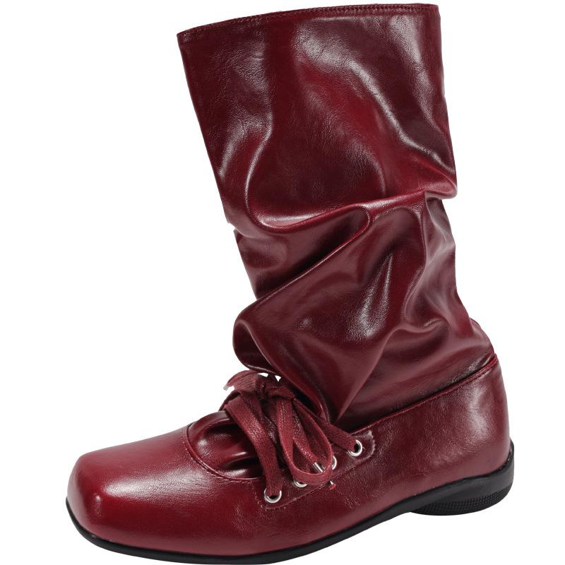 Brown retro versatile square head flat bottom short boots children's summer 2025 new with skirt pleated western pile boots