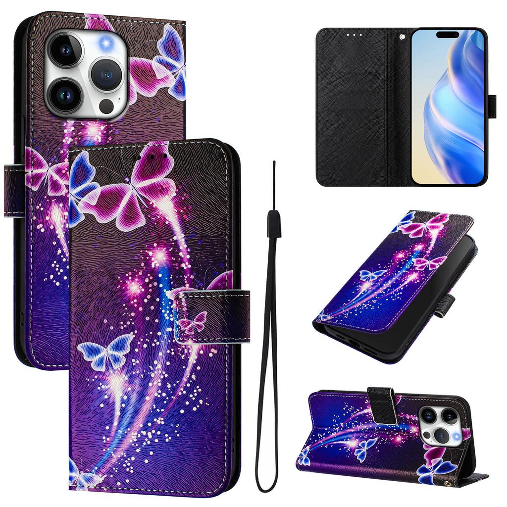For iPhone 16 Pro Case Pattern Printing Wallet Phone Cover with Strap