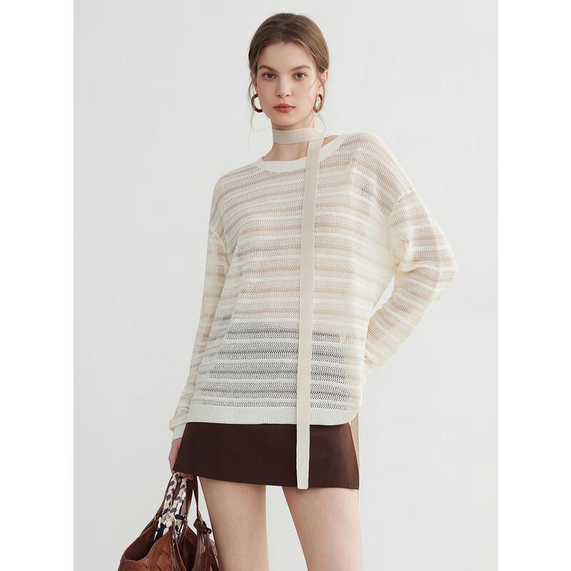 

ELLE Women s French Style Tie-Collar Hollow-Out Knit Sweater S
