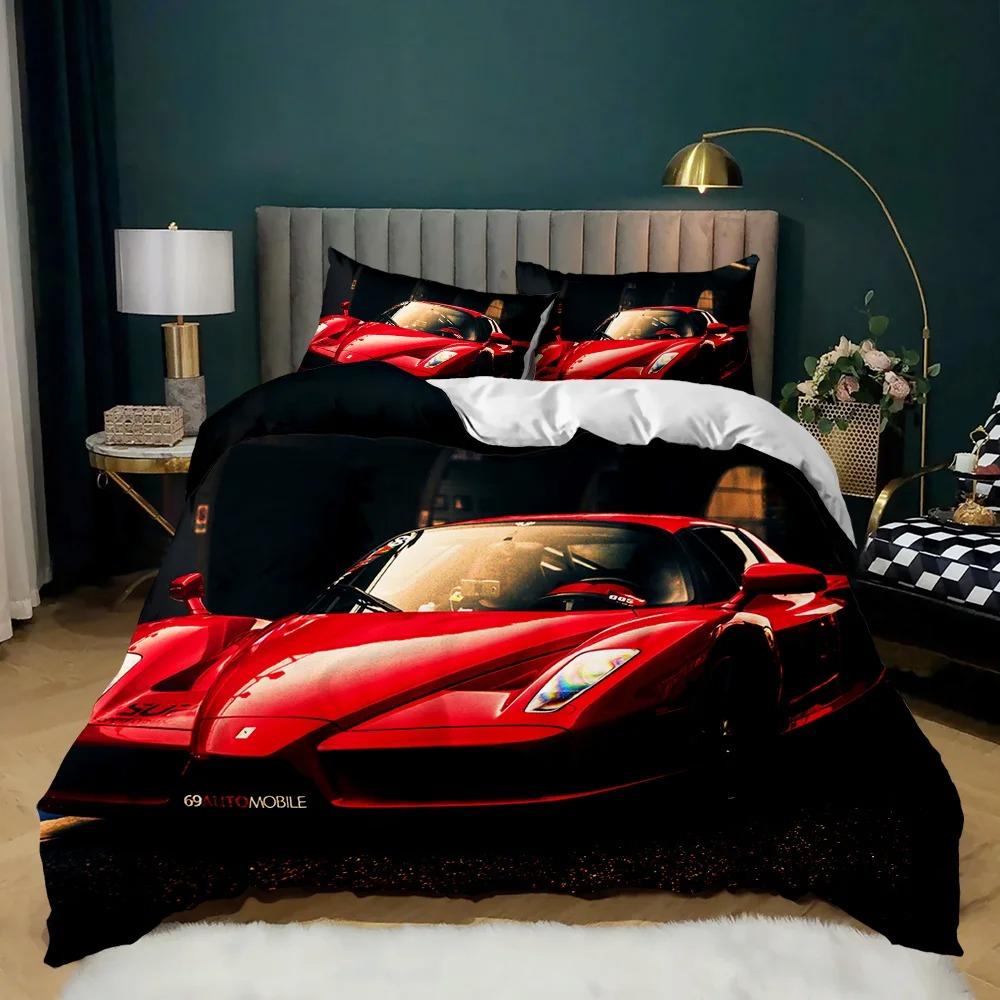 Burning Red Flame Race Car Bedding Set,Boy&Girl Sports Car Duvet Cover Pillow Case Gift, Home Bedroom Quilt Set Large King 260