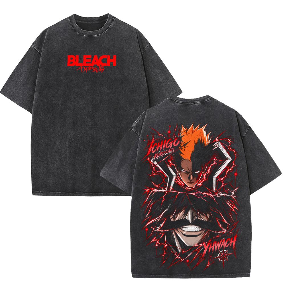 Ichigo Kurosaki Yhwach BLEACH T-shirt Trend Vintage Washed Oversized T Shirt Men Women Clothing Short Sleeve 100% Cotton Tee Top