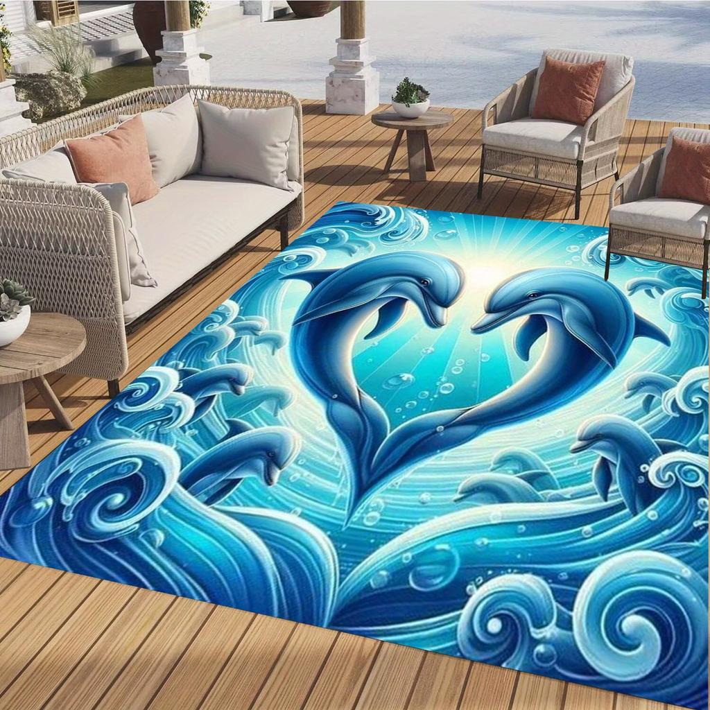 3D Dolphin Ocean Waves Print Area Rug - Polyester Non-Slip Rectangle Floor Mat for Living Room, Bedroom, Dining Area, Laundry