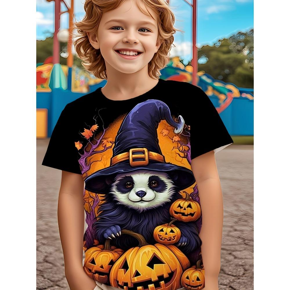 Children's Halloween T-shirt with 3D Printing, Cool and Trendy Fun Panda Pumpkin Short Sleeve Top for Boys