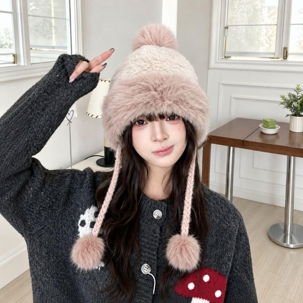 Polyester Faux Fur Hat Thick Warm Winter Knitted Hat Cozy Fair Isle Trapper Hat For Women