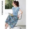 Elegant Pleated T-Shirt & Floral A-Line Skirt Set