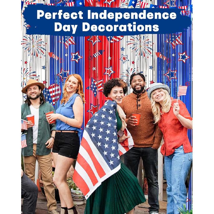 4th of July Decorations Foil Fringe Curta for Memorial Day, 2 Pack Fourth of July Decor Party Backdrop Red White and Blue Tel Streamer, Patriotic