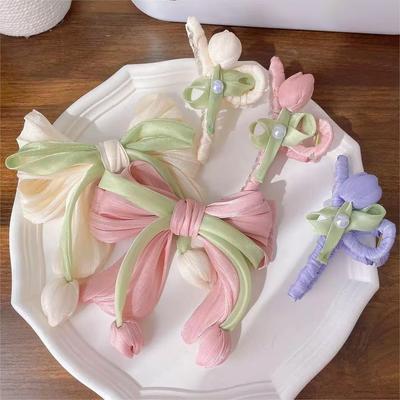 Neuer kleiner frischer Tulpenblumen-Haargummi mit Schleife für Damen, elegant, mit Quasten, Haaraccessoires