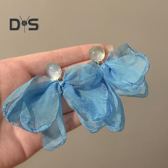 Women Mesh Petal Drop Earrings Handmade Large Chiffon Floral Dangle Earrings Vintage Stud Earrings for Vacation Wedding
