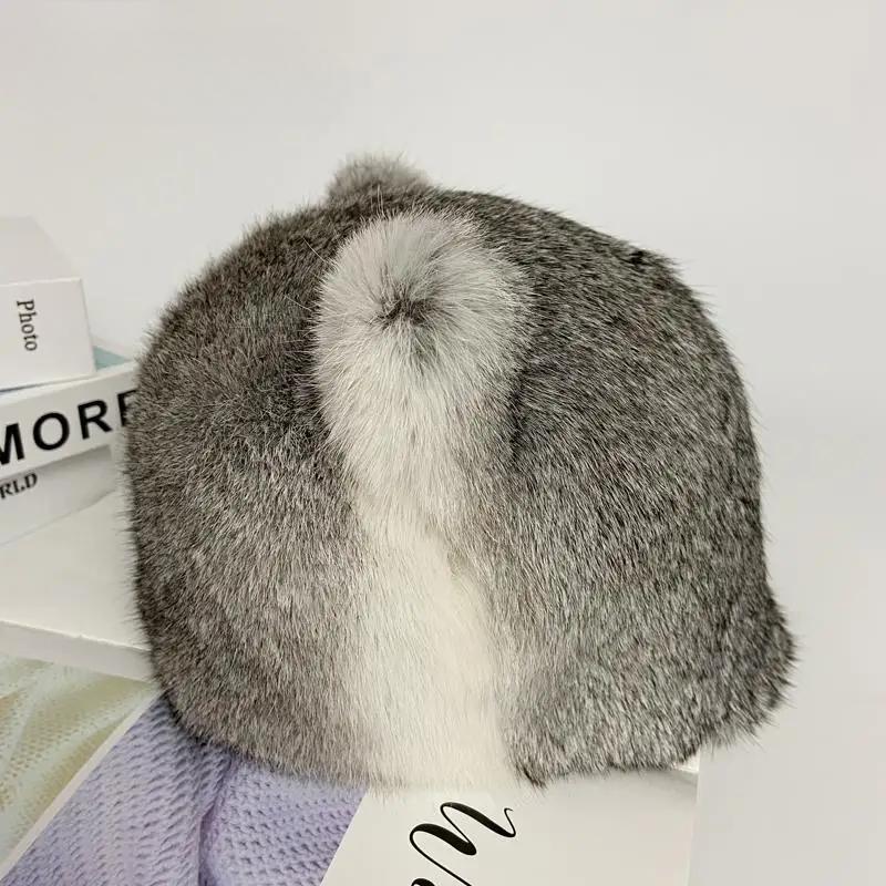 New Bunny Ears Hats Women Winter Warm Outdoor Snow Cap Natural Rabbit Fur Fluffy Caps