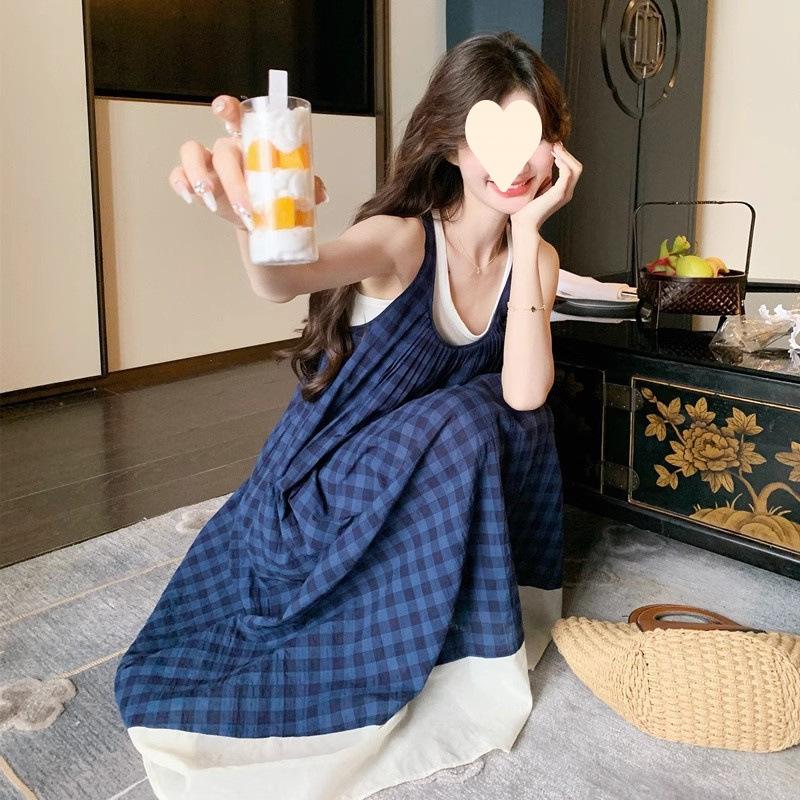 Blue Plaid Sleeveless Dress Literary Style Mori Retro Small Fresh Vacation Suspender Vest Long Dress