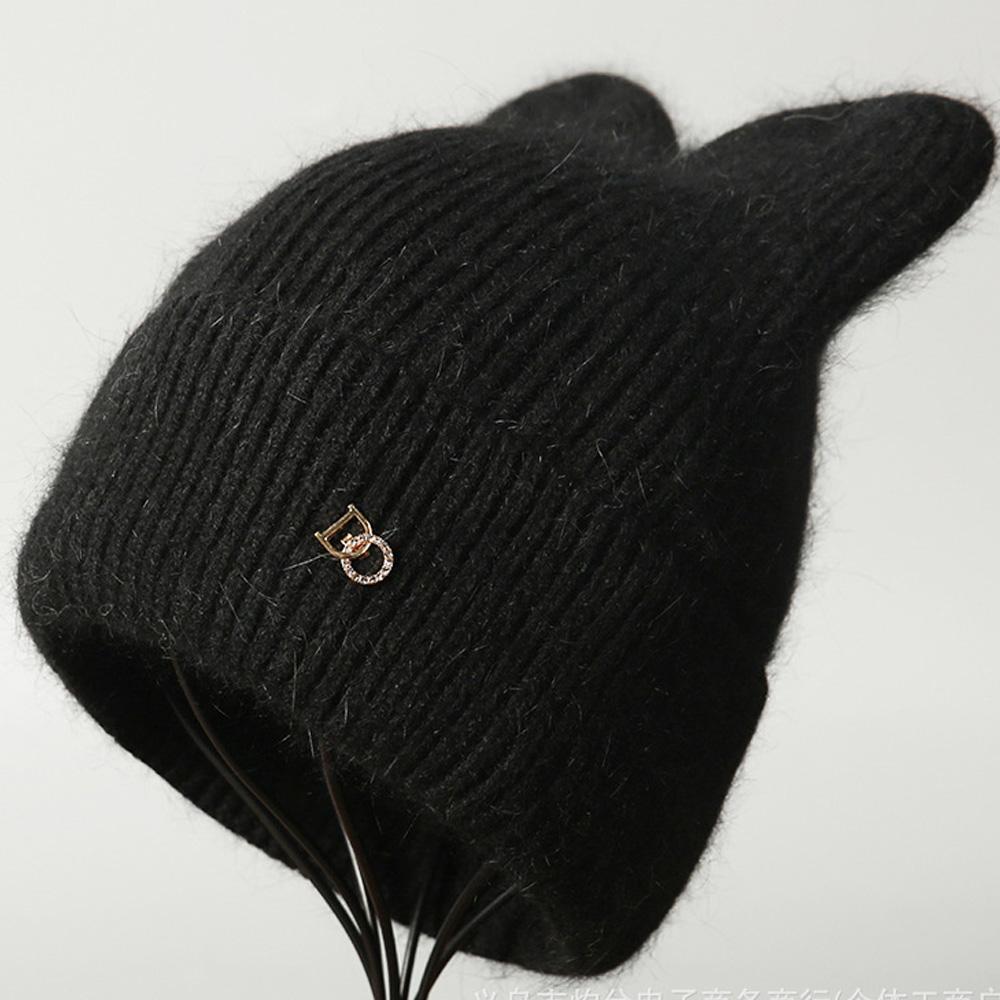 Knit Beanie Hat Fleece Lined Thickened Warm Rabbit Hair Slouchy Solid Color Large Head Size Winter Autumn Women