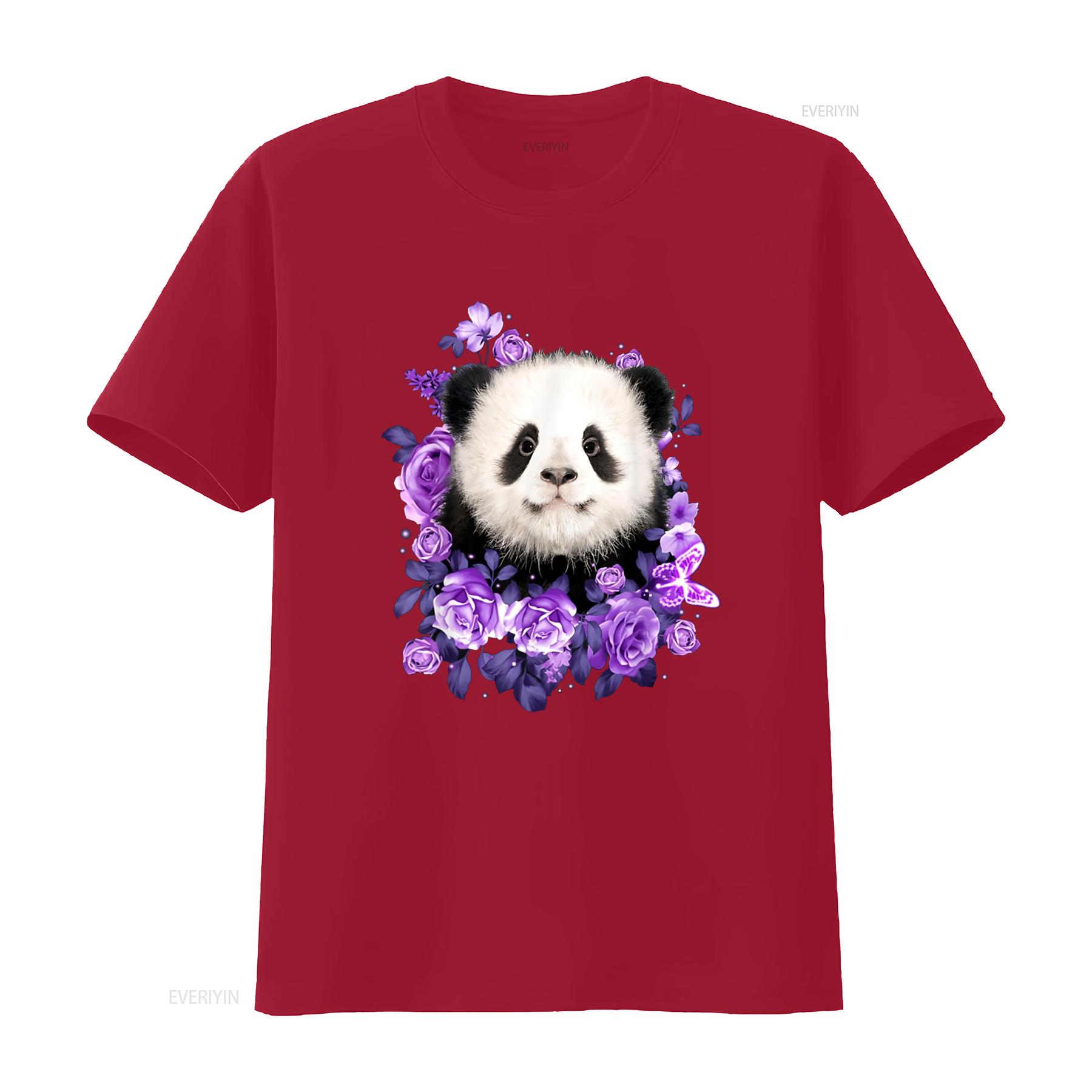 

Cute Panda Purple Flowers Lovers T Shirt vintage Washed Casual fashion Soft Slightly streetwear Versatile Comfortable S