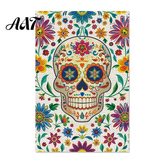 Bandiere da Giardino Giorno dei Morti, 12x18 Pollici Teschio Floreale Segni Decorativi per Cortile Scheletro Gotico Messicano Fiori Scheletrici Stendardo in Juta Double-Sided per Patio,