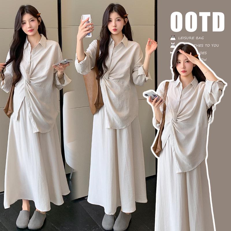 2026 Spring Designer Maternity Irregular Shirt & Skirt Set - Korean Style Two-Piece Age-Reducing Outfit M